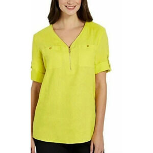 NEW Ellen Tracy Womens 100% Linen 1/4 Zip Blouse Short Sleeve SMALL Yellow